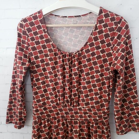 Garnet Hill Cotton Rust Brown Geometric Scoop Neck Dress 3/4 Sleeve Small Fall - Picture 3 of 7